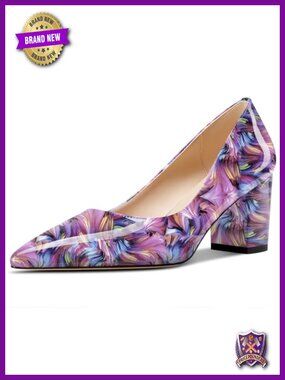 Mid Chunky Block Heel Pointed Toe Pumps Slip-on Patent Leather Office Party